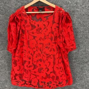 Ashley Stewart Blouse Women 18/20 Plus Red Floral Sheer Short Sleeve Casual